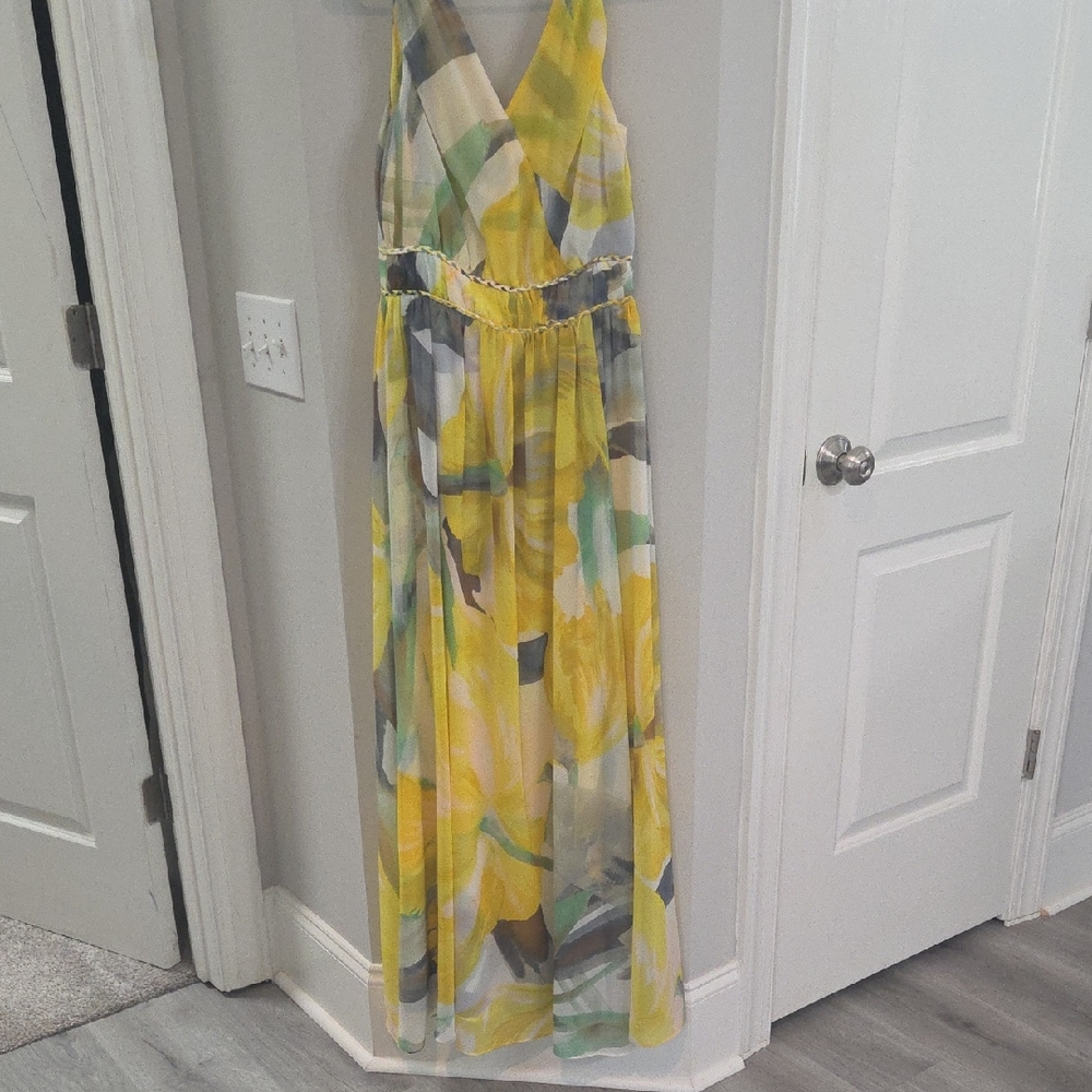 White House Black Market Yellow and Gray Floral Maxi Dress